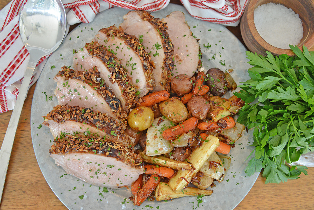 Pork loin on a serving platter