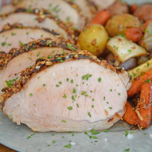 straight on shot of slice of french onion pork loin