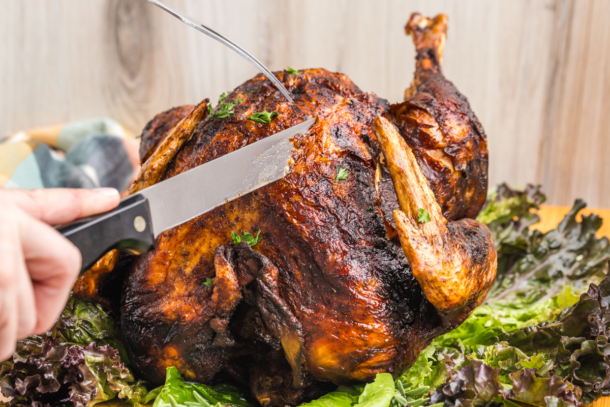 fork and knife carving deep fried turkey