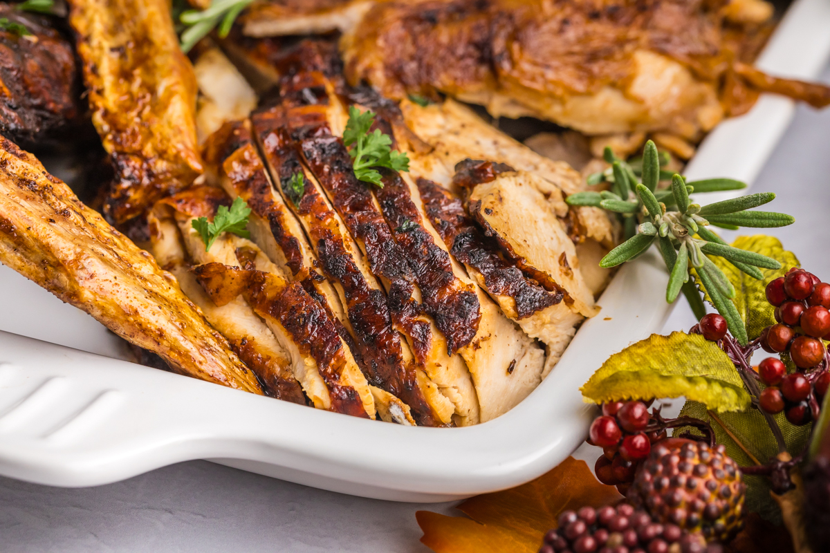 angled shot of sliced turkey on tray