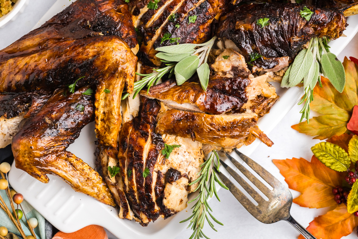 overhead shot of sliced turkey on a tray