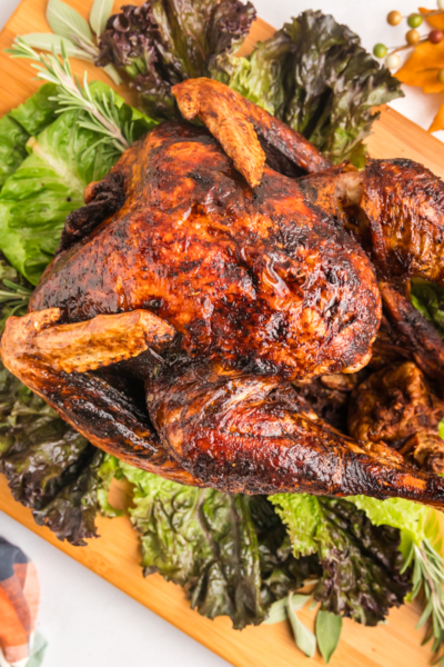 overhead shot of fried turkey on cutting board