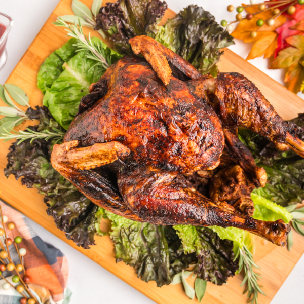 overhead shot of fried turkey on cutting board