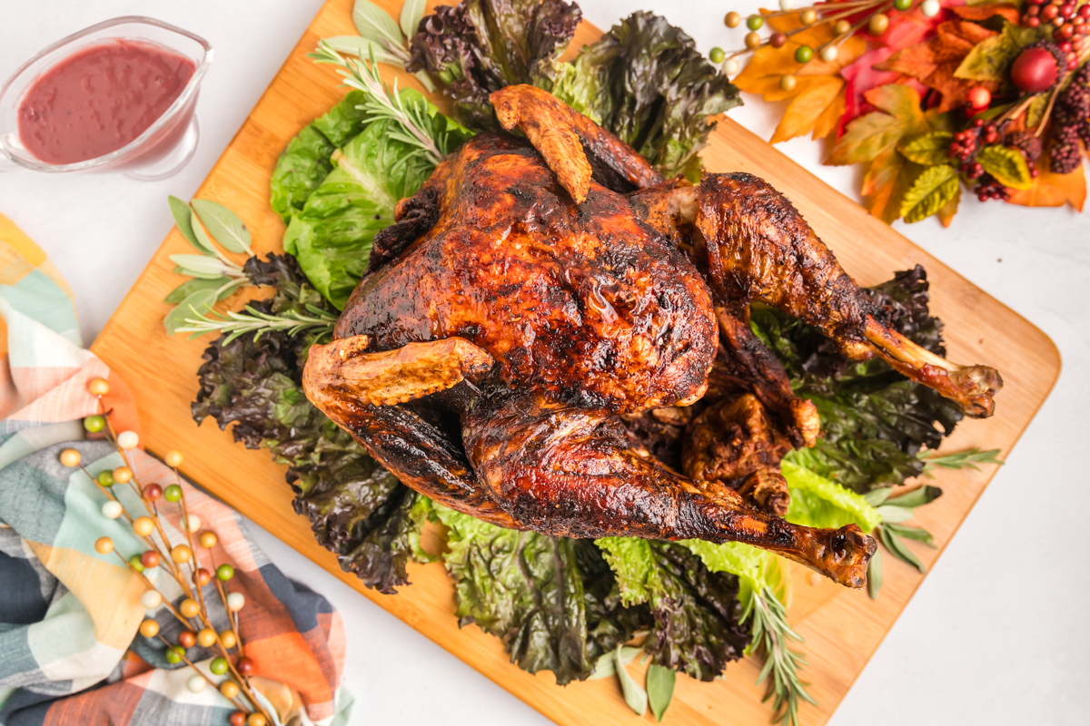 overhead shot of fried turkey on cutting board