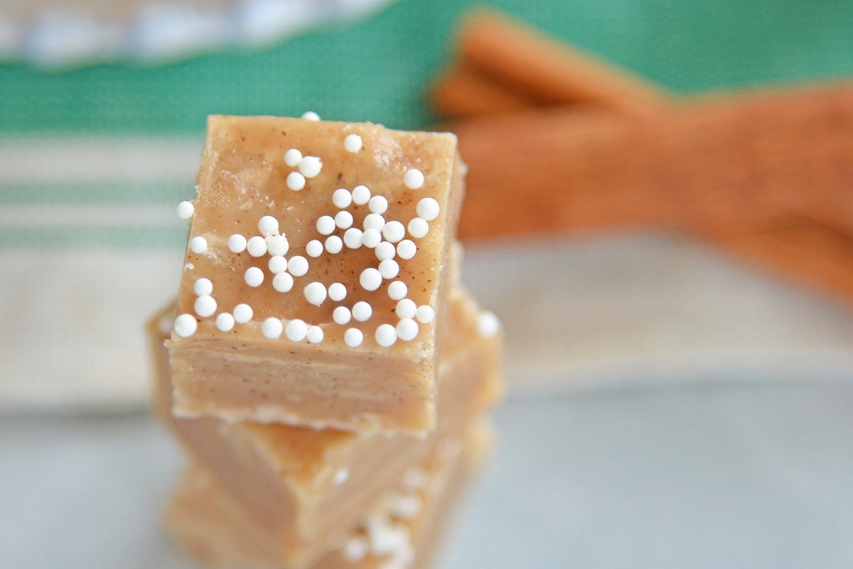 close up of a square of gingerbread fudge