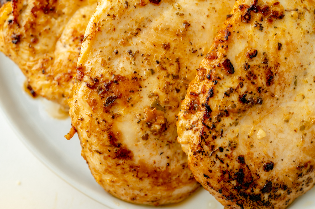 close up overhead shot of grilled chicken breasts