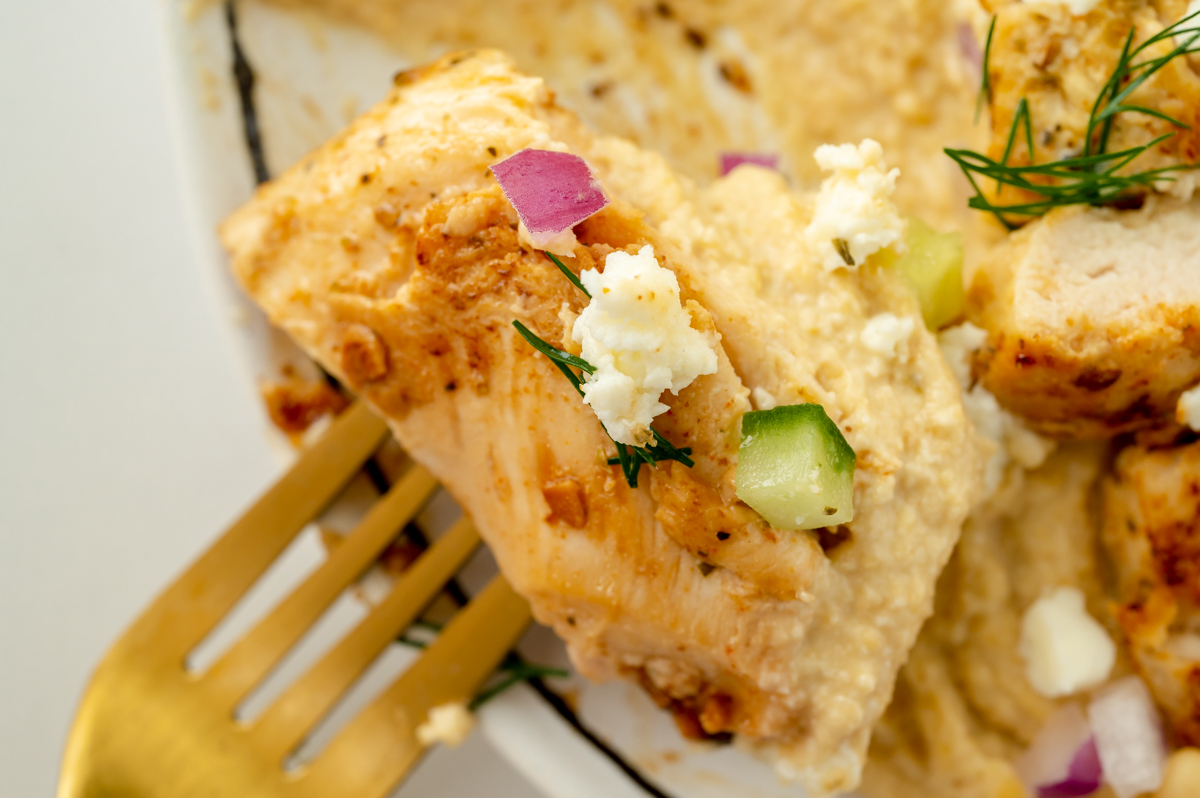 bite of chicken on fork dipped into hummus