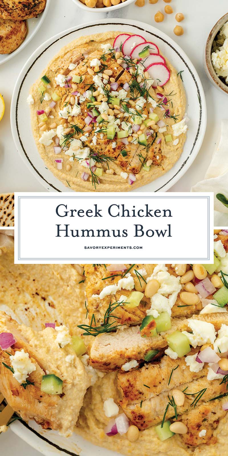 collage of greek chicken hummus bowl