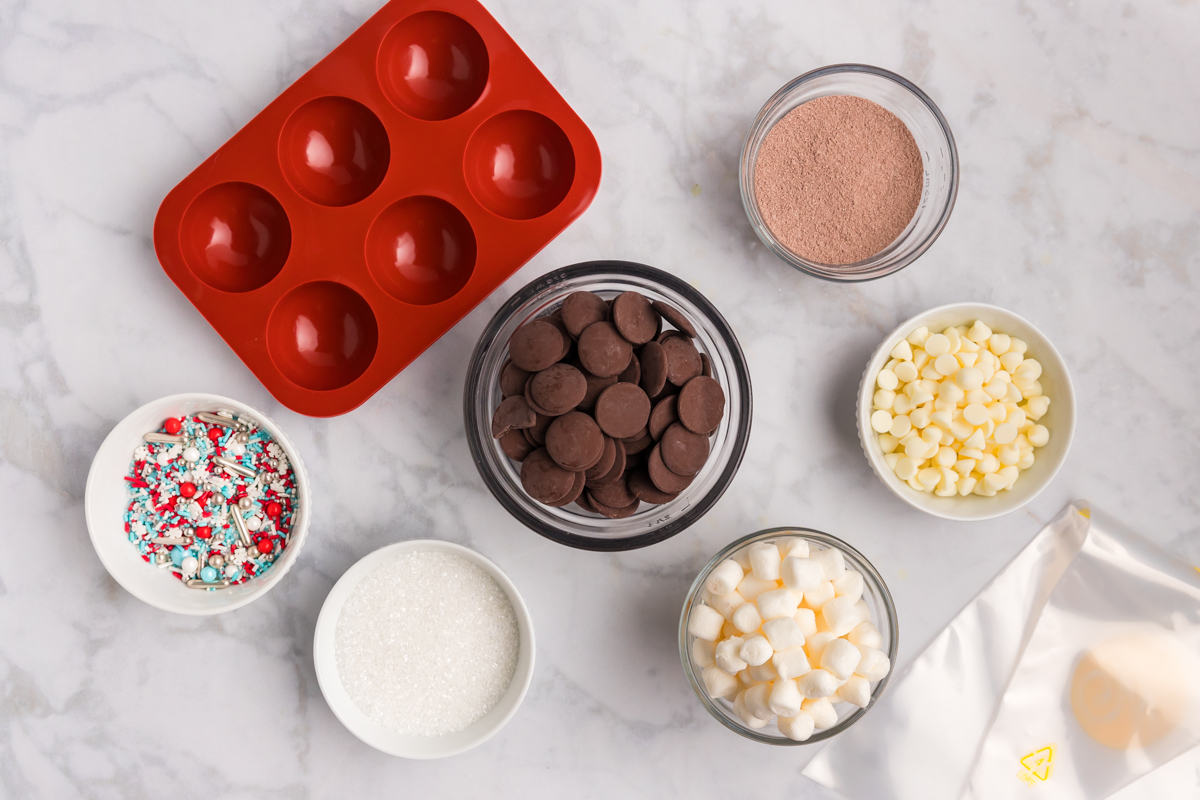 overhead shot of hot chocolate bomb ingredients