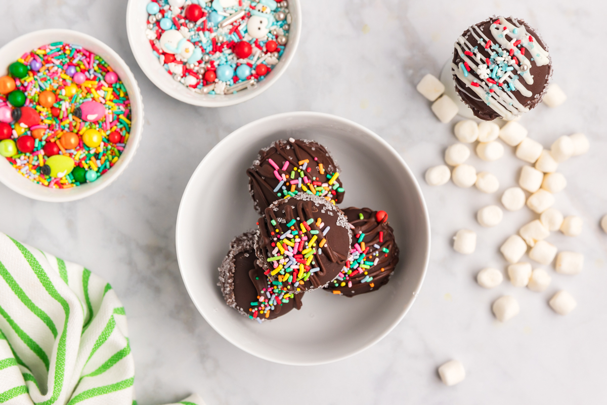 overhead shot of bowl of hot chocolate bombs