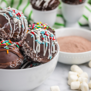 straight on shot of bowl of hot chocolate bombs