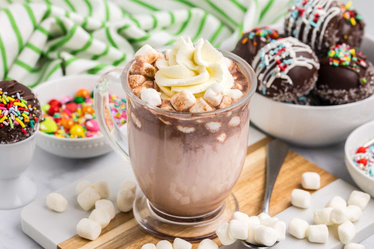 mug of hot chocolate topped with whipped cream