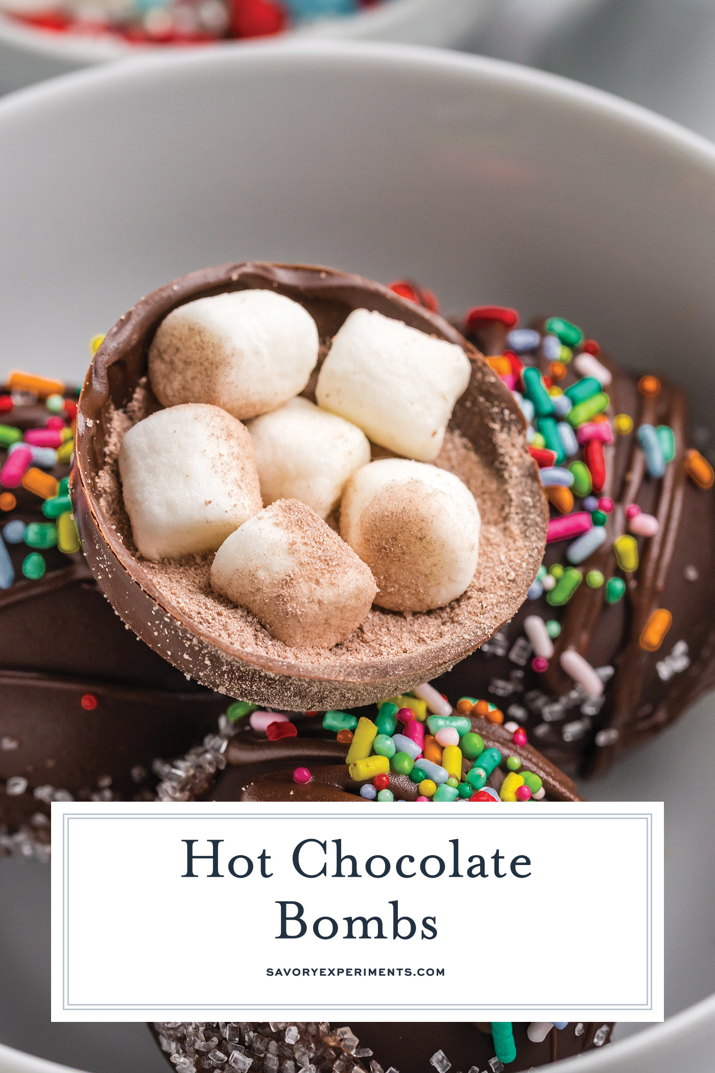 angled shot of hot chocolate bomb cut in half with text overlay