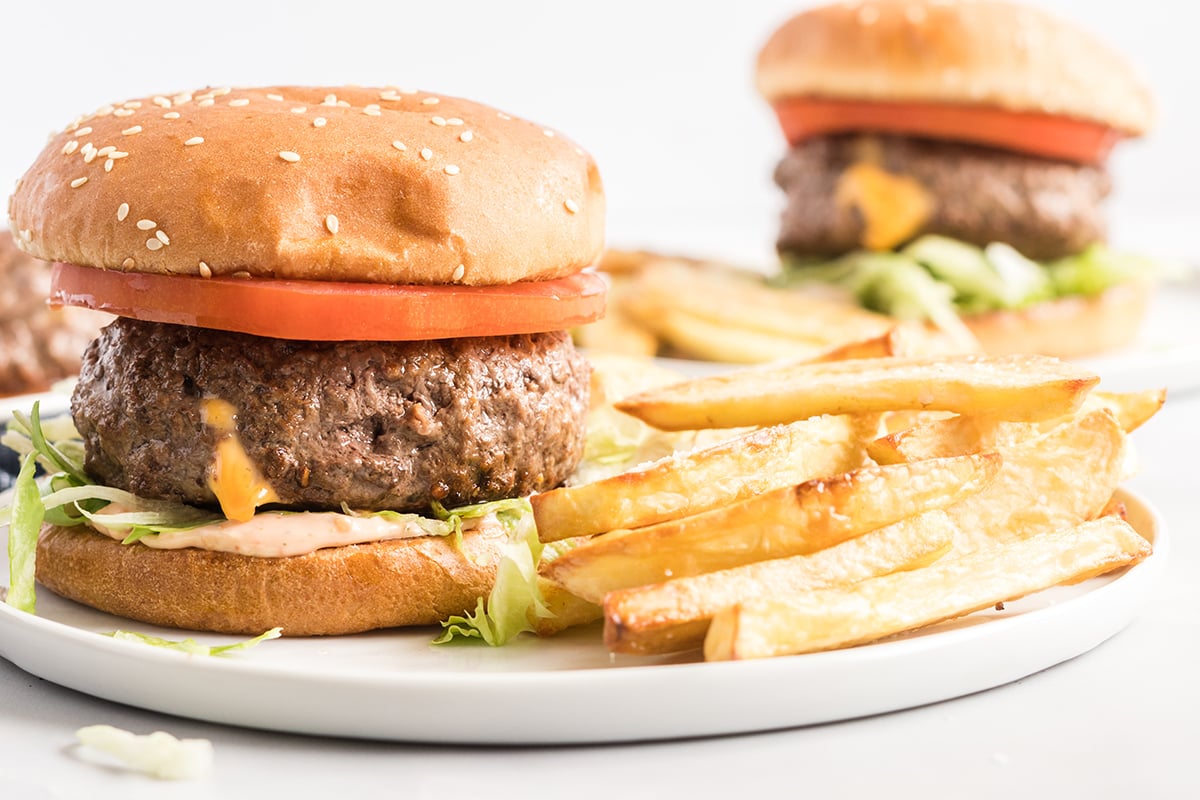 juicy lucy cheeseburger on a white plate with fries