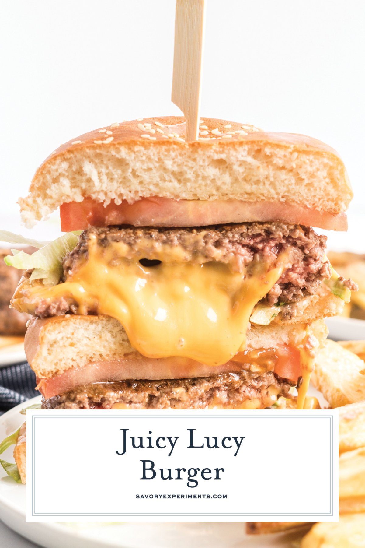 close up of juicy lucy burger with text overlay for pinterest