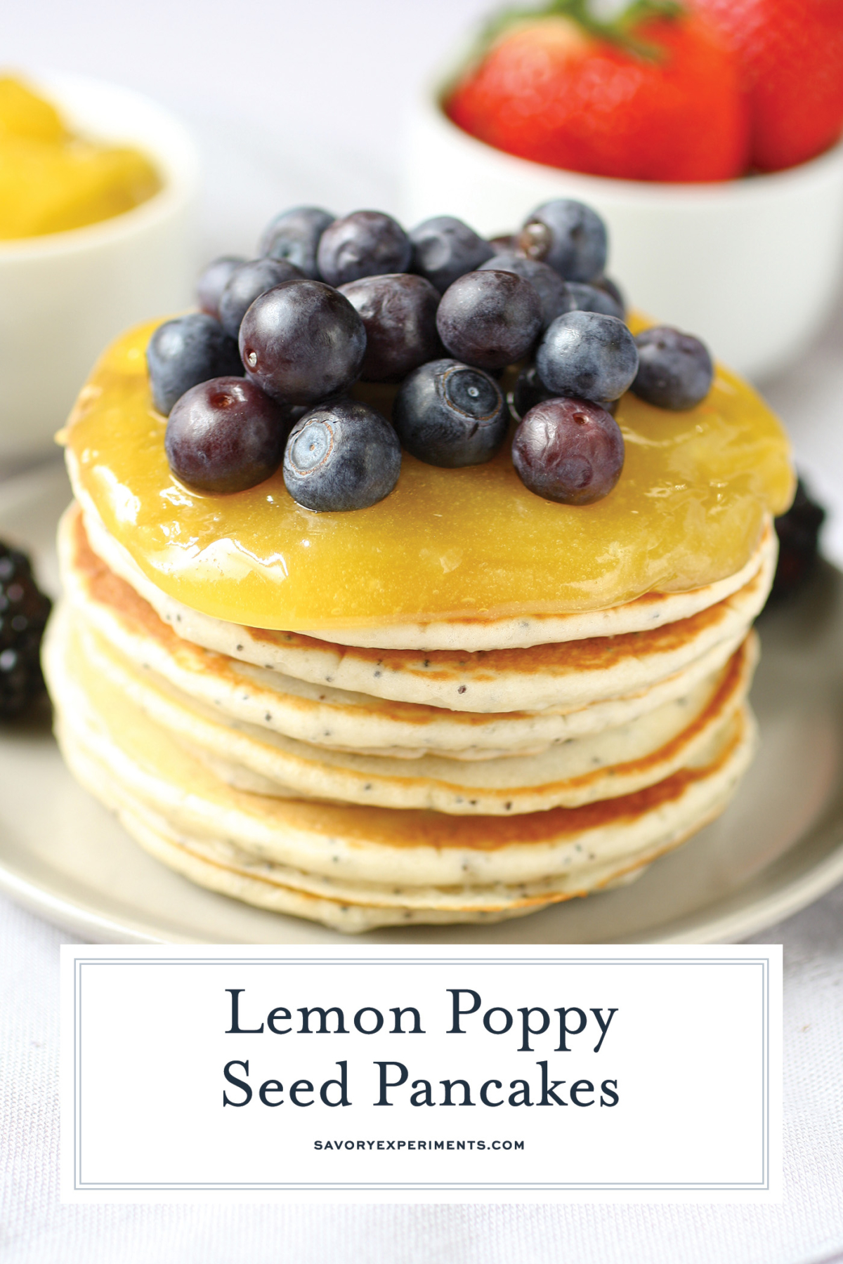 short stack of lemon poppy seed pancakes with text overlay