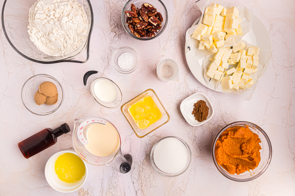 overhead shot of pumpkin apple pie ingredients