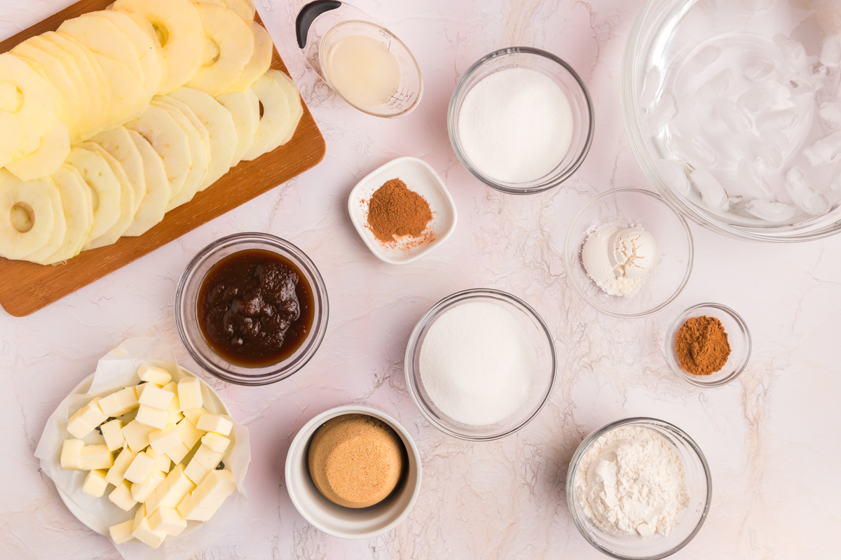 overhead shot of apple pie filling ingredients