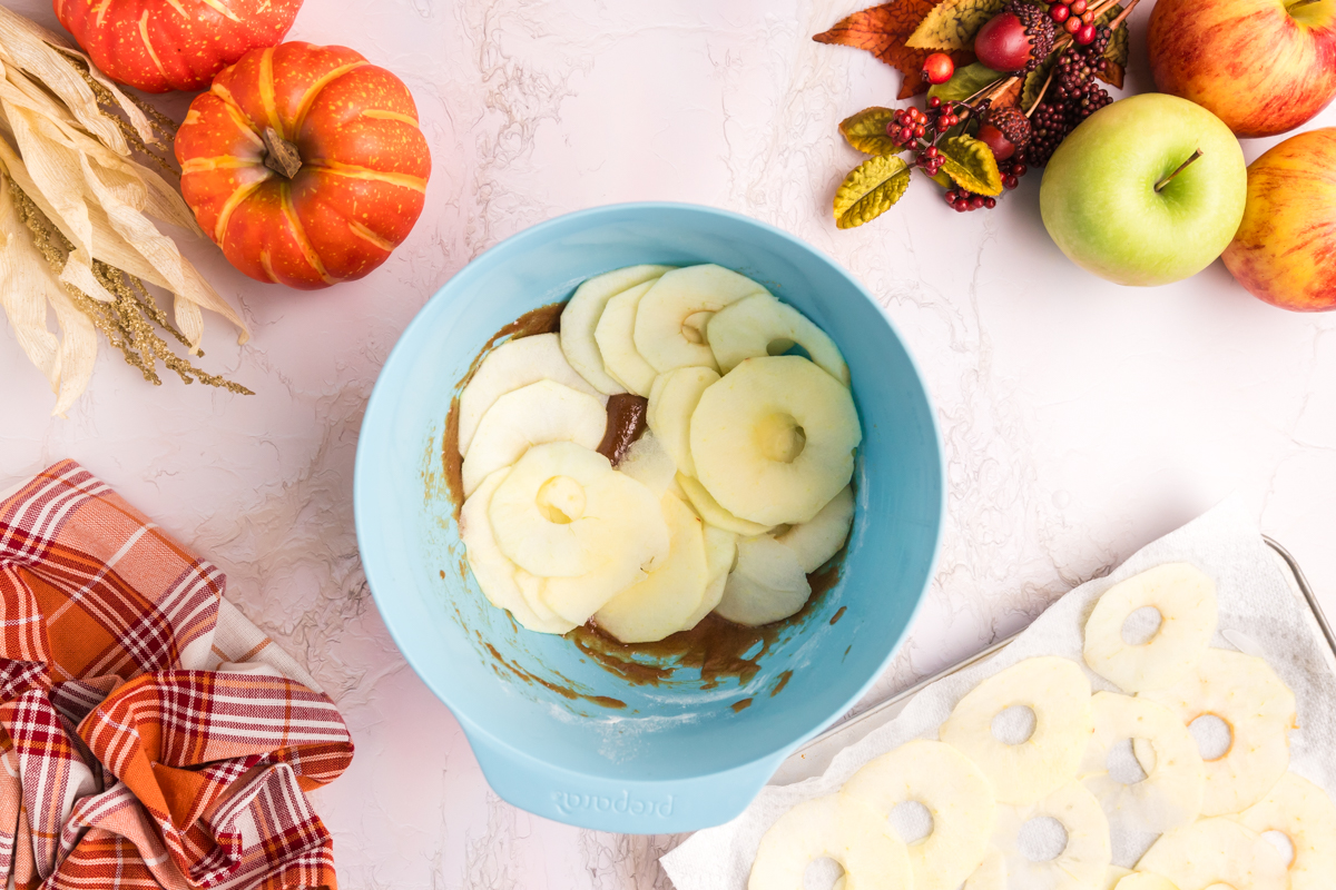 sliced apples in bowl with apple butter