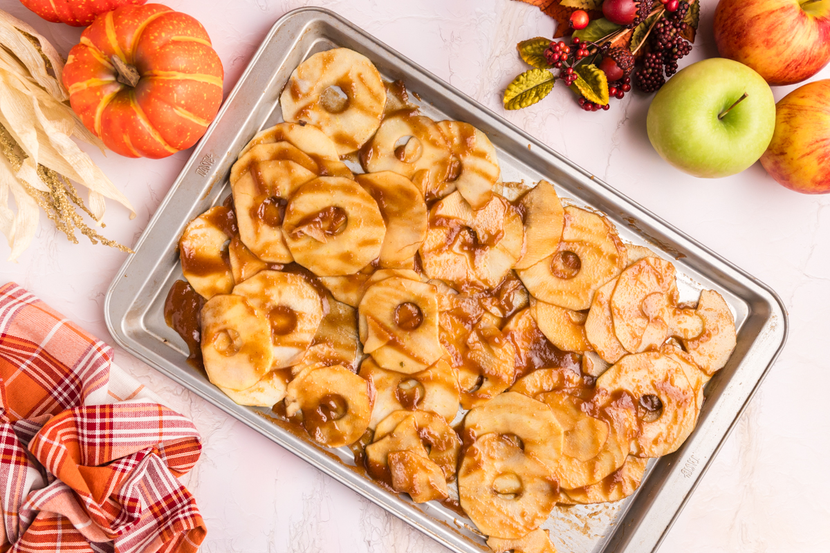 sliced apple mixture on baking sheet