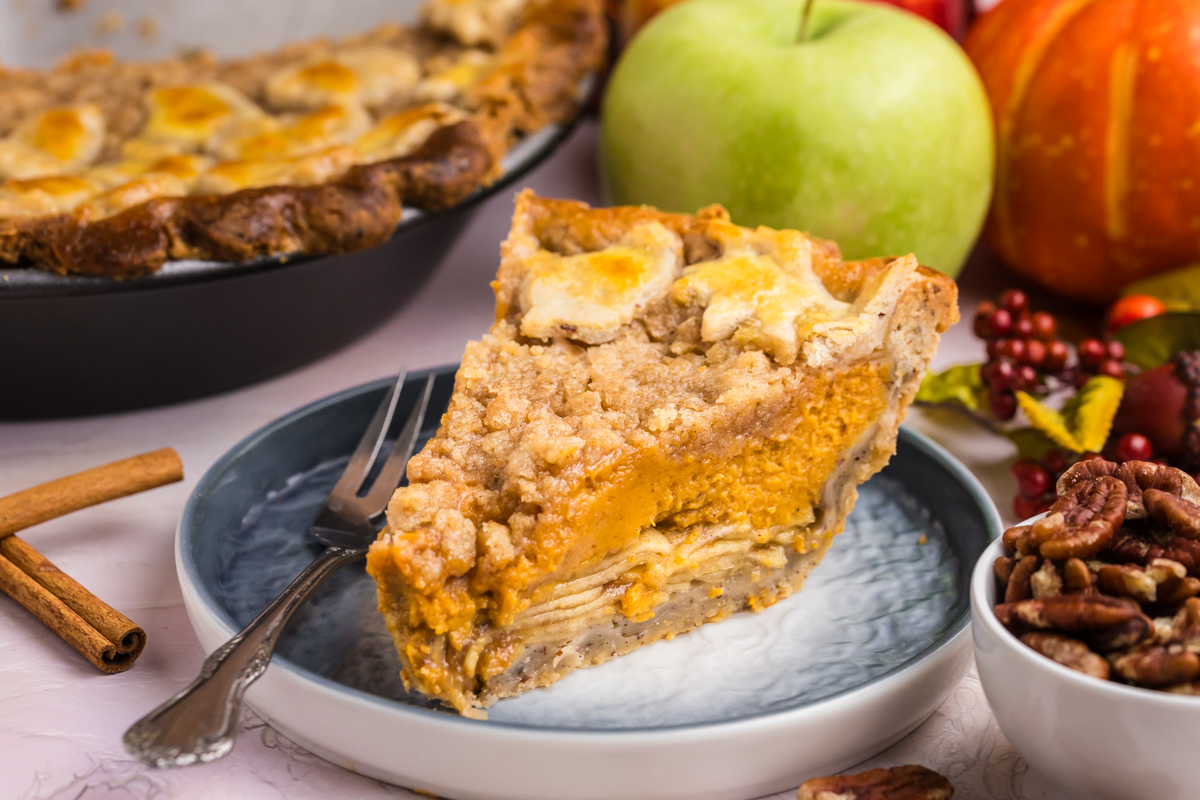 angled shot of slice of pie on plate