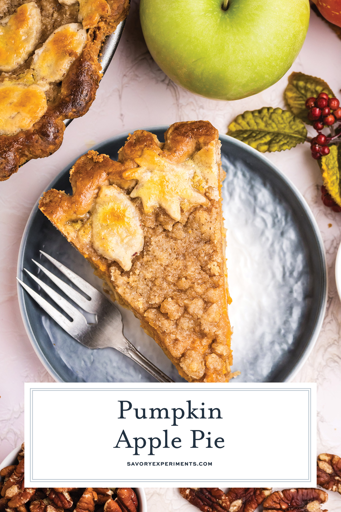 overhead shot of slice of pumpkin apple pie on plate with text overlay