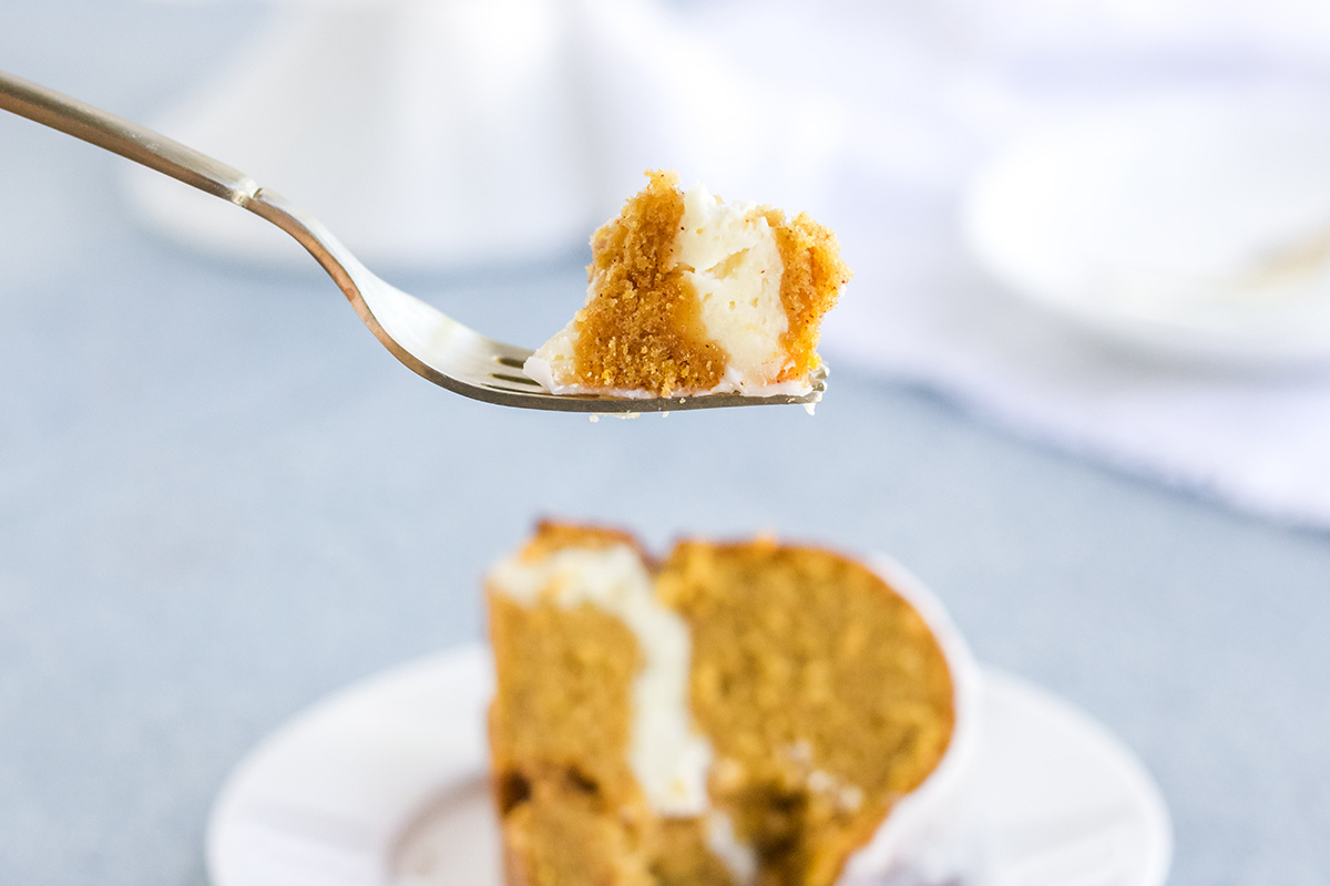 bite of cream cheese pound cake on fork