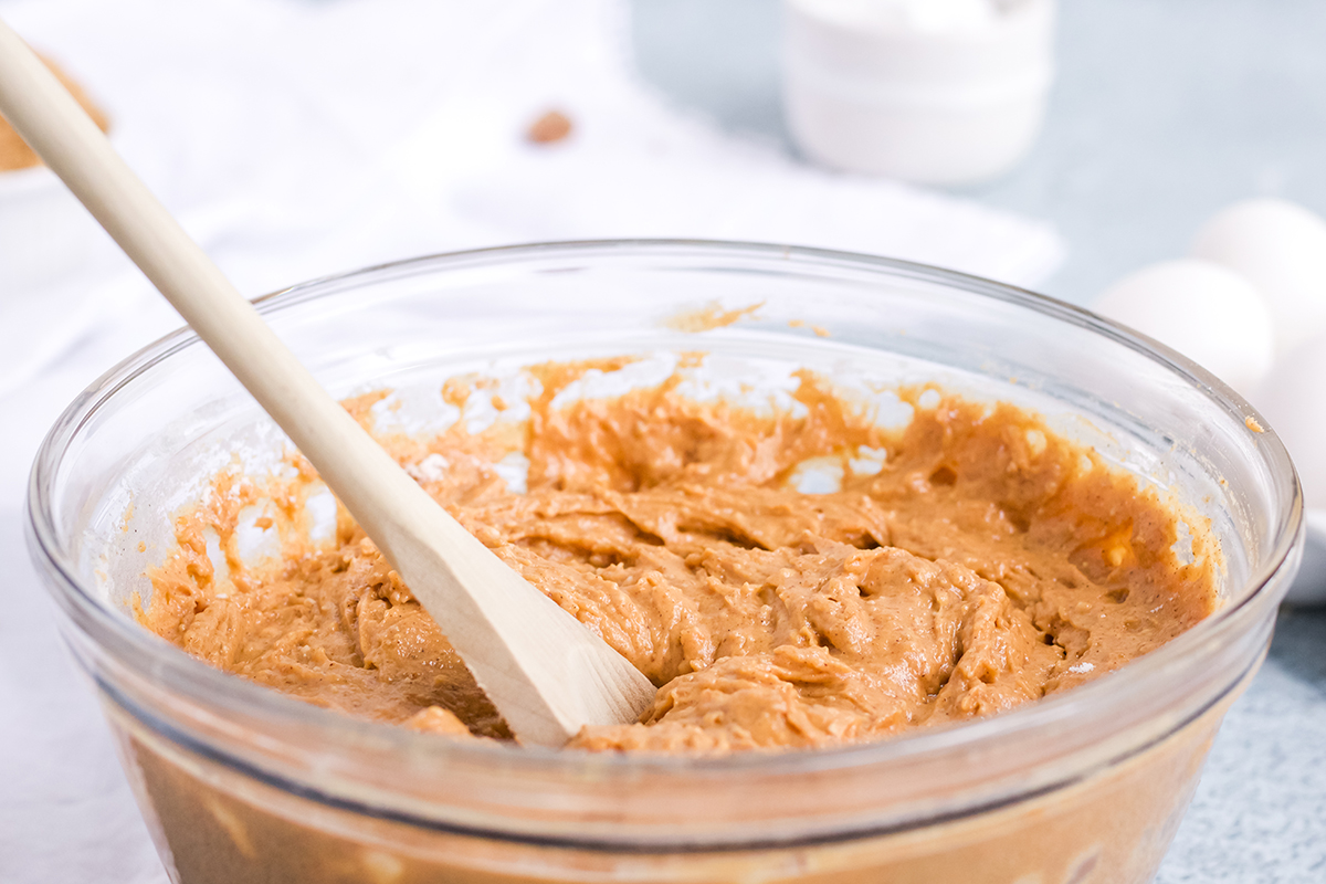 pumpkin pound cake batter in a mixing bowl