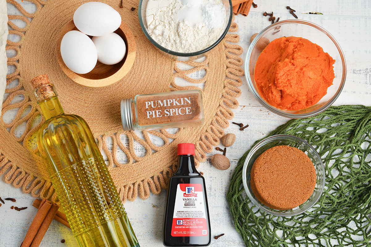 overhead shot of pumpkin olive oil cake ingredients