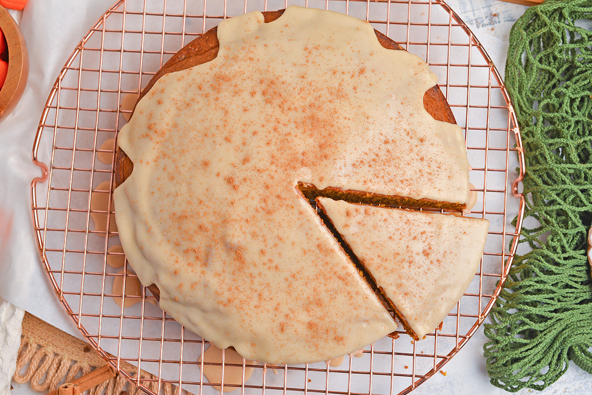 overhead shot of sliced pumpkin olive oil cake