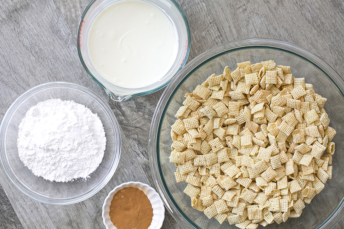 overhead shot of pumpkin spice puppy chow ingredients