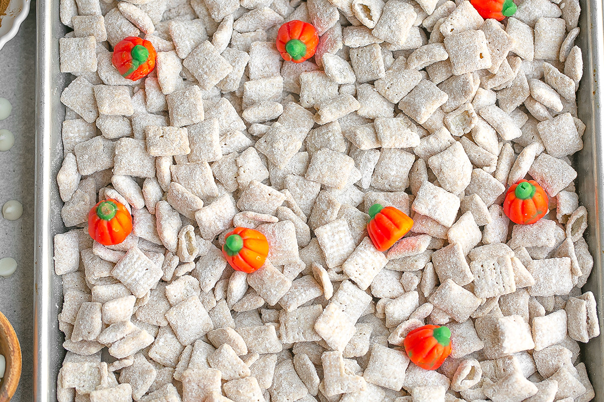 overhead shot of pumpkin spice puppy chow on sheet pan