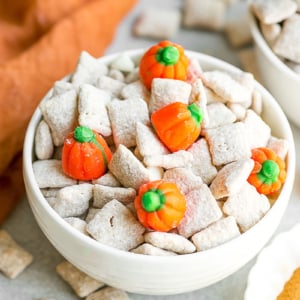 angled shot of white bowl of pumpkin spice puppy chow