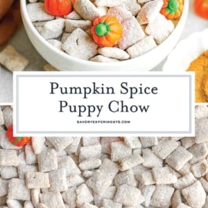 collage of pumpkin spice puppy chow