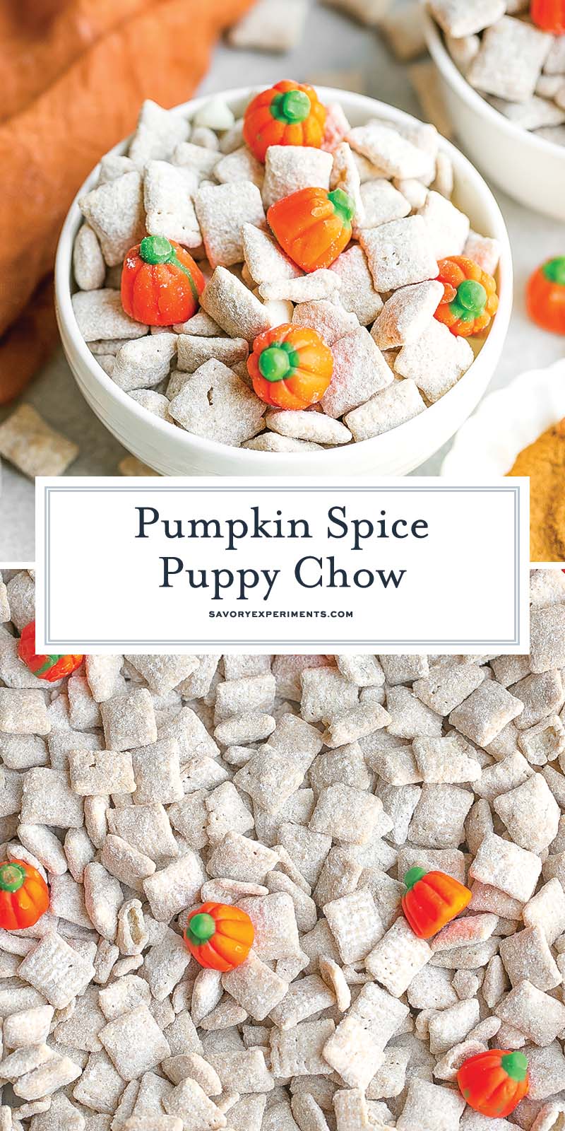 collage of pumpkin spice puppy chow