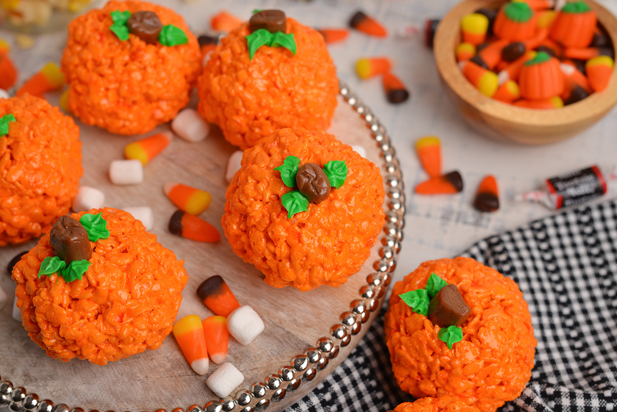 overhead shot of pumpkin rice krispie treats on a tray