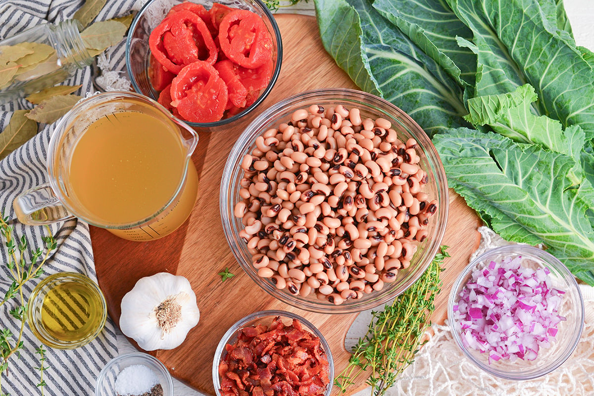 overhead shot of southern black eyed peas ingredients