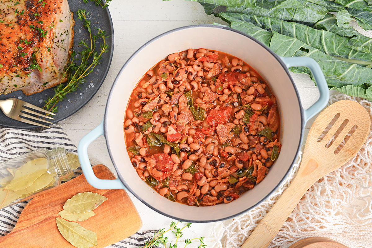 overhead shot of pot of southern black eyed peas