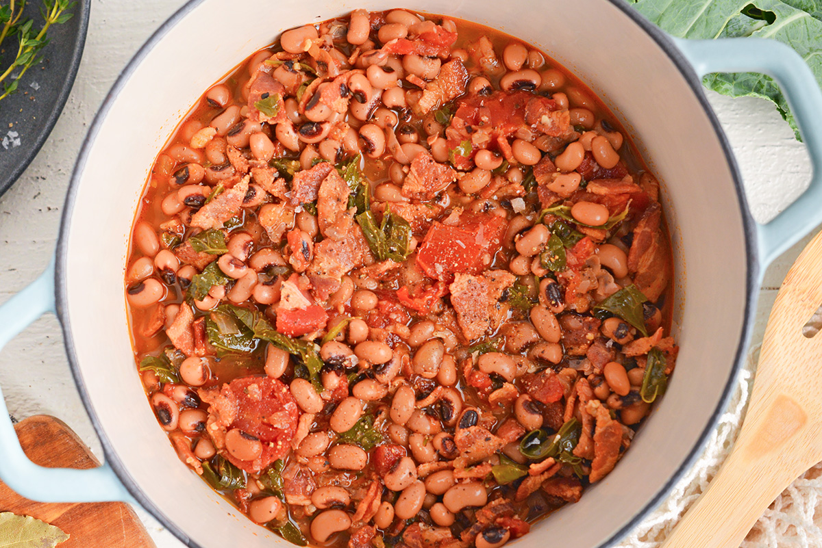 close up overhead shot of pot of southern black eyed peas