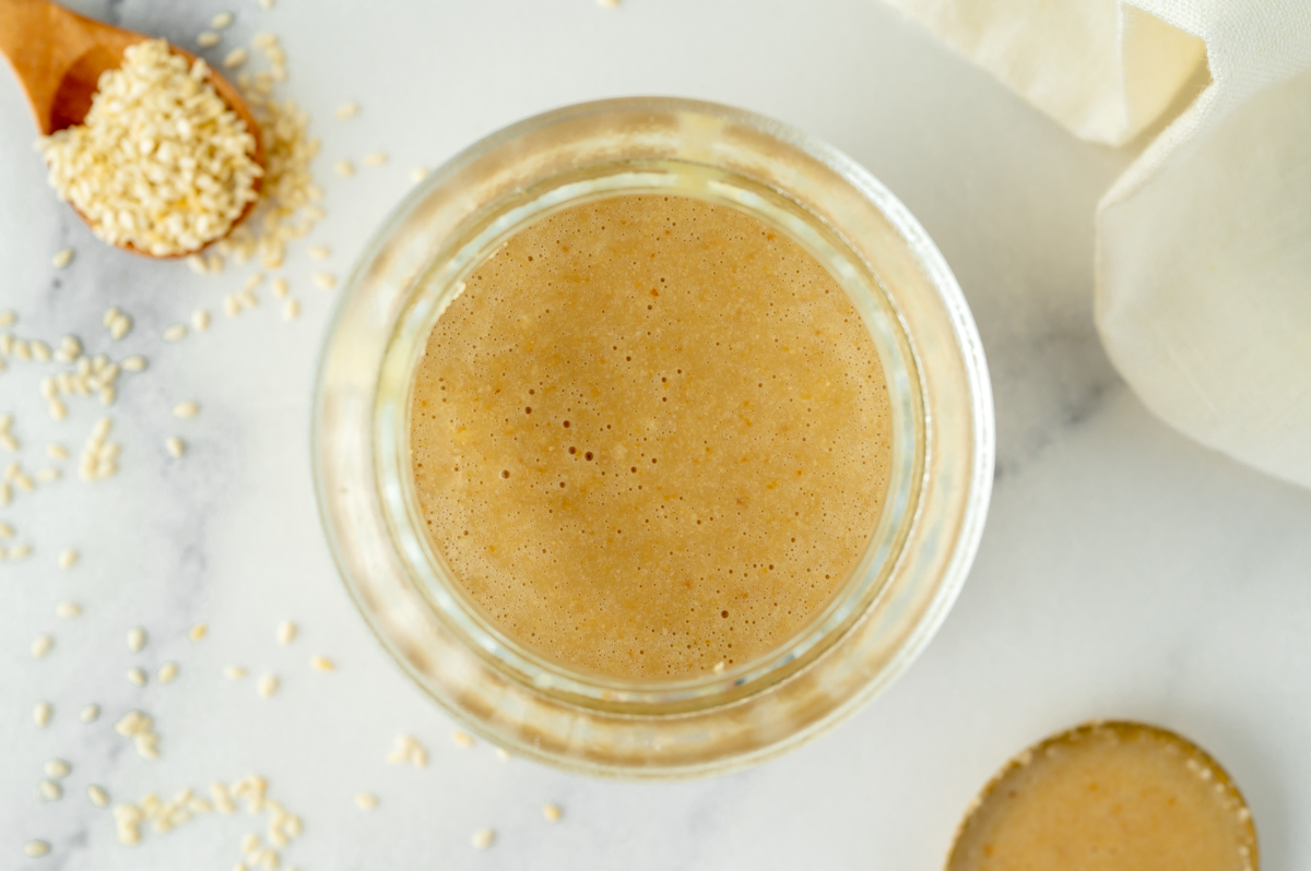 overhead shot of jar of tahini