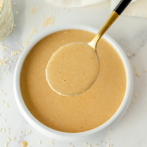 overhead shot of spoon of tahini