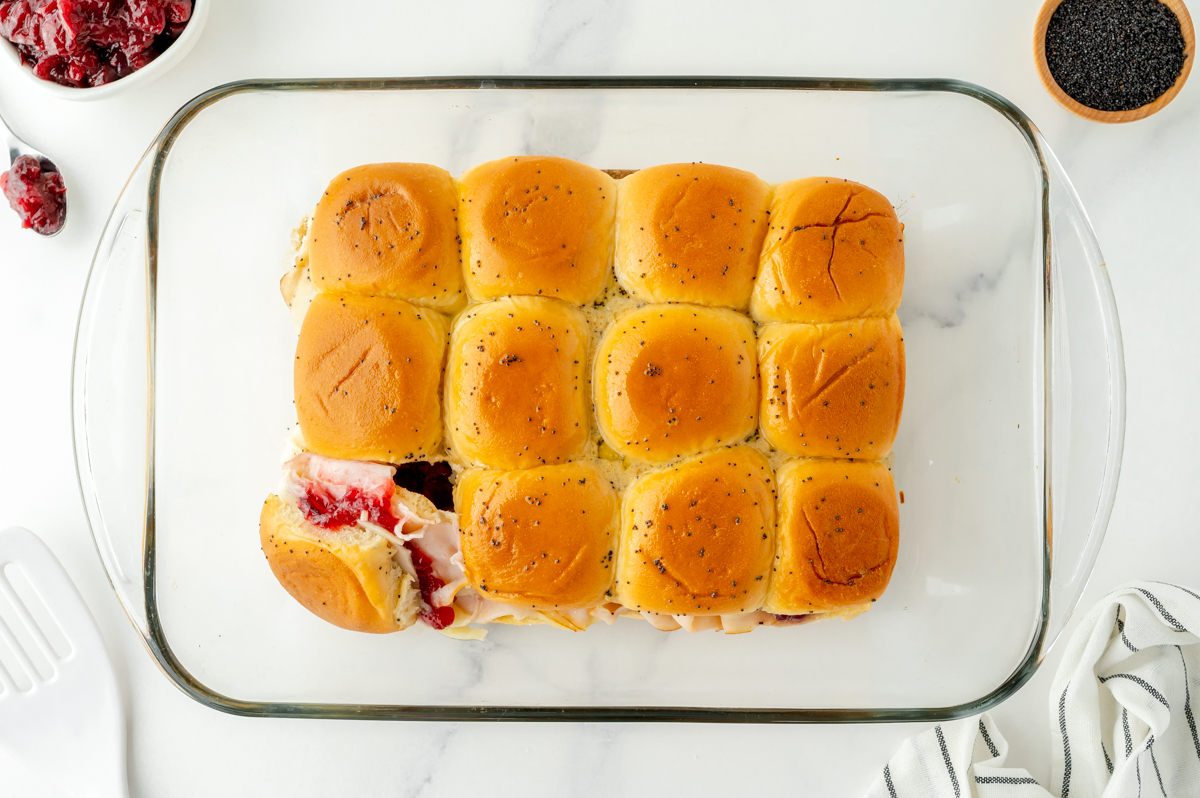 overhead shot of cranberry turkey sliders