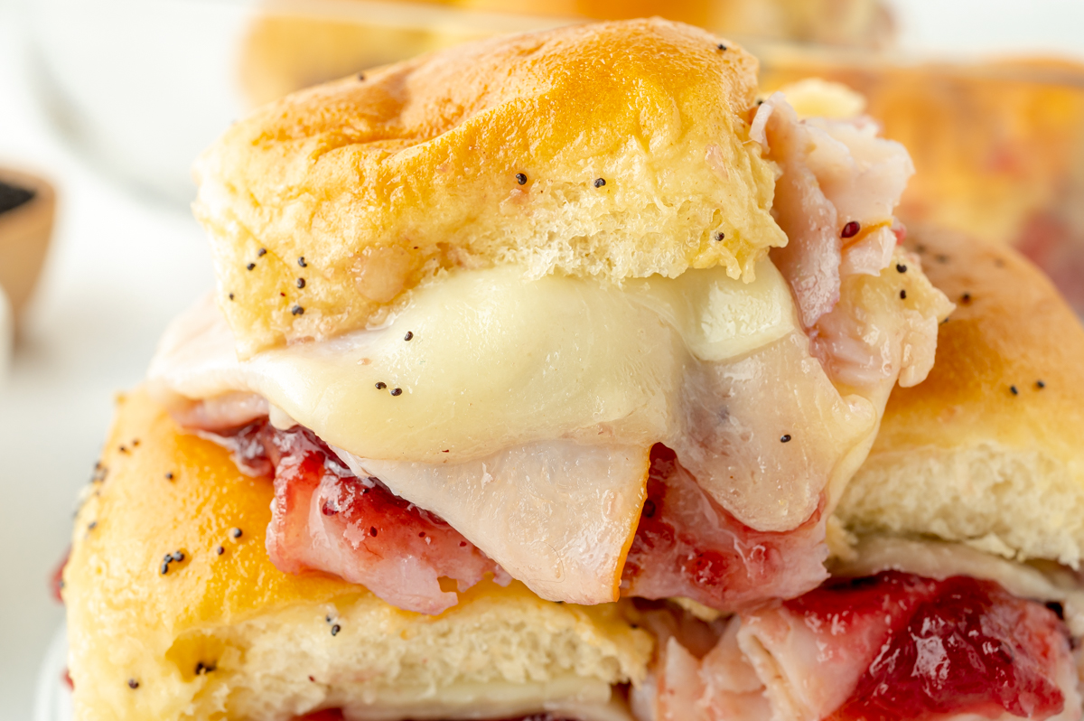 close up shot of stack of turkey cranberry sliders