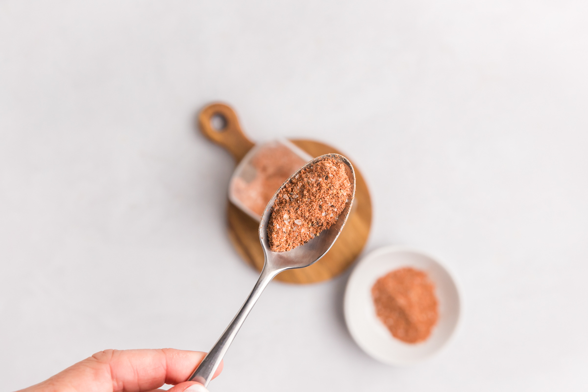 overhead shot of spoon full of turkey seasoning