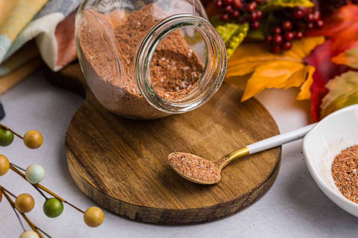 spoon full of turkey rub in front of jar