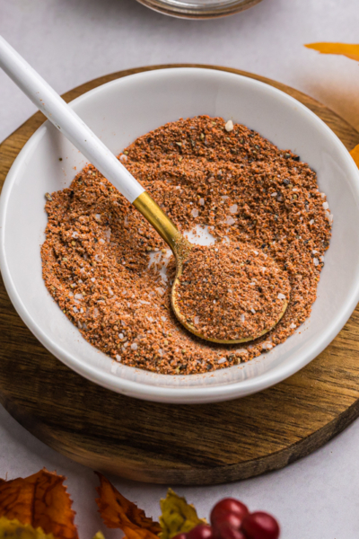 angled shot of spoon in bowl of turkey seasoning