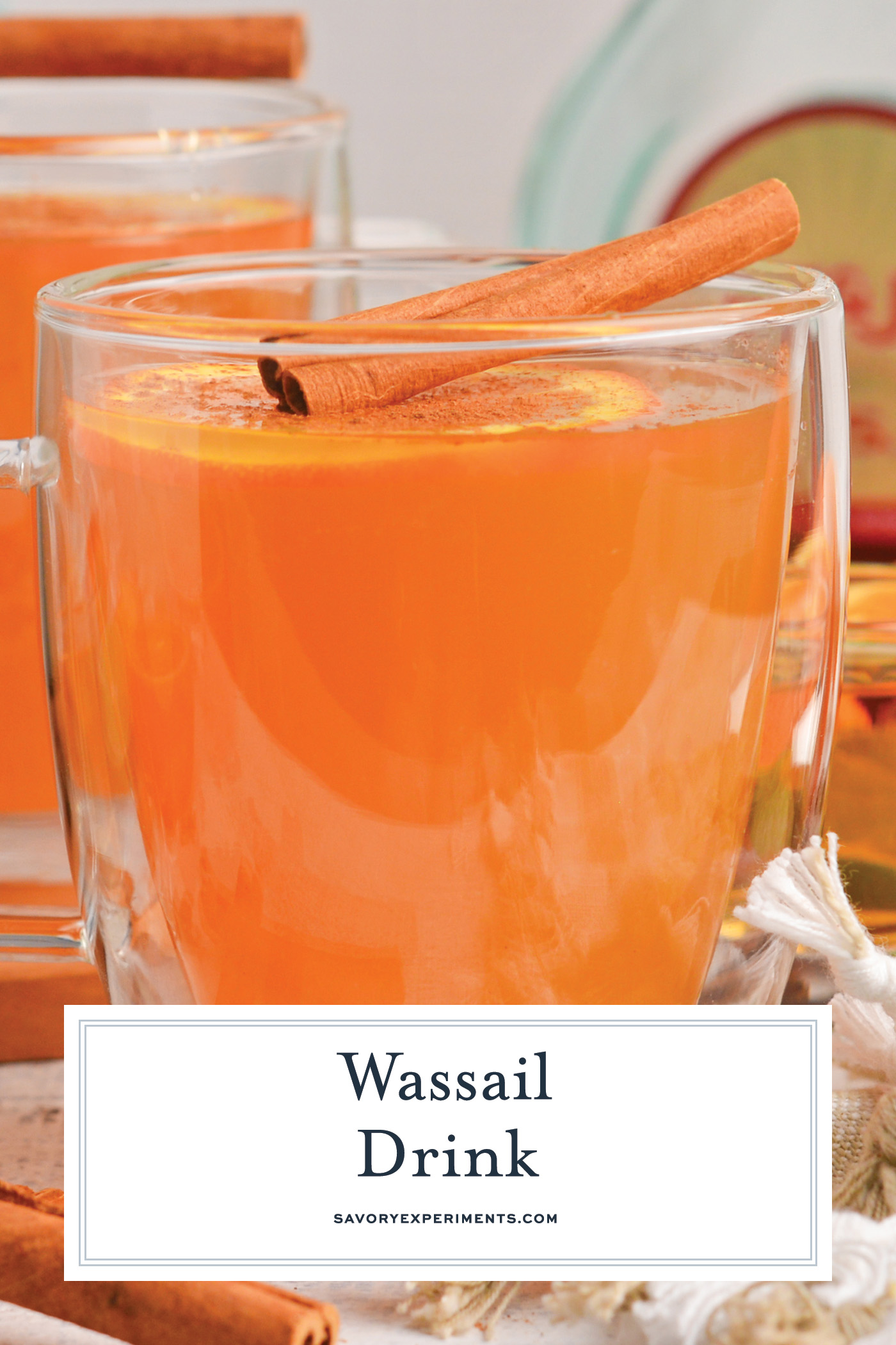 straight on shot of mug of wassail with text overlay