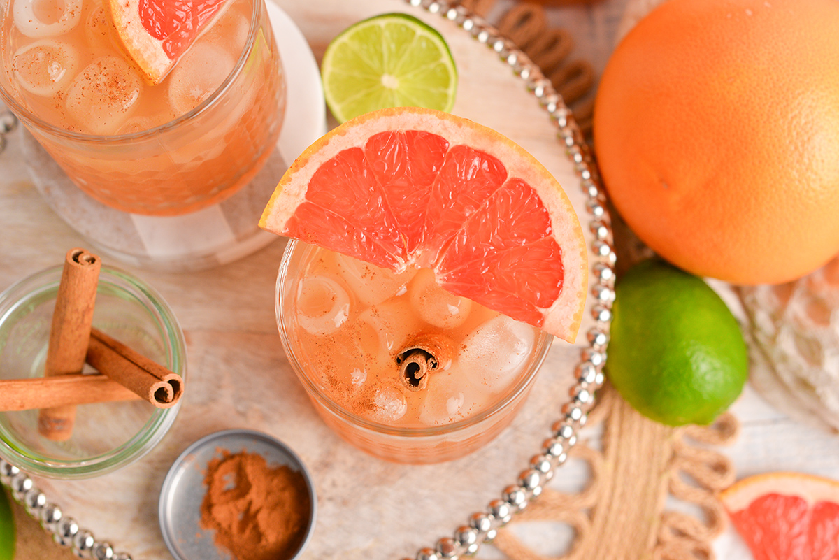 overhead shot of whiskey grapefruit cocktail