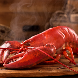 head-on image of whole steamed lobster on a wood board with steam coming off ot it