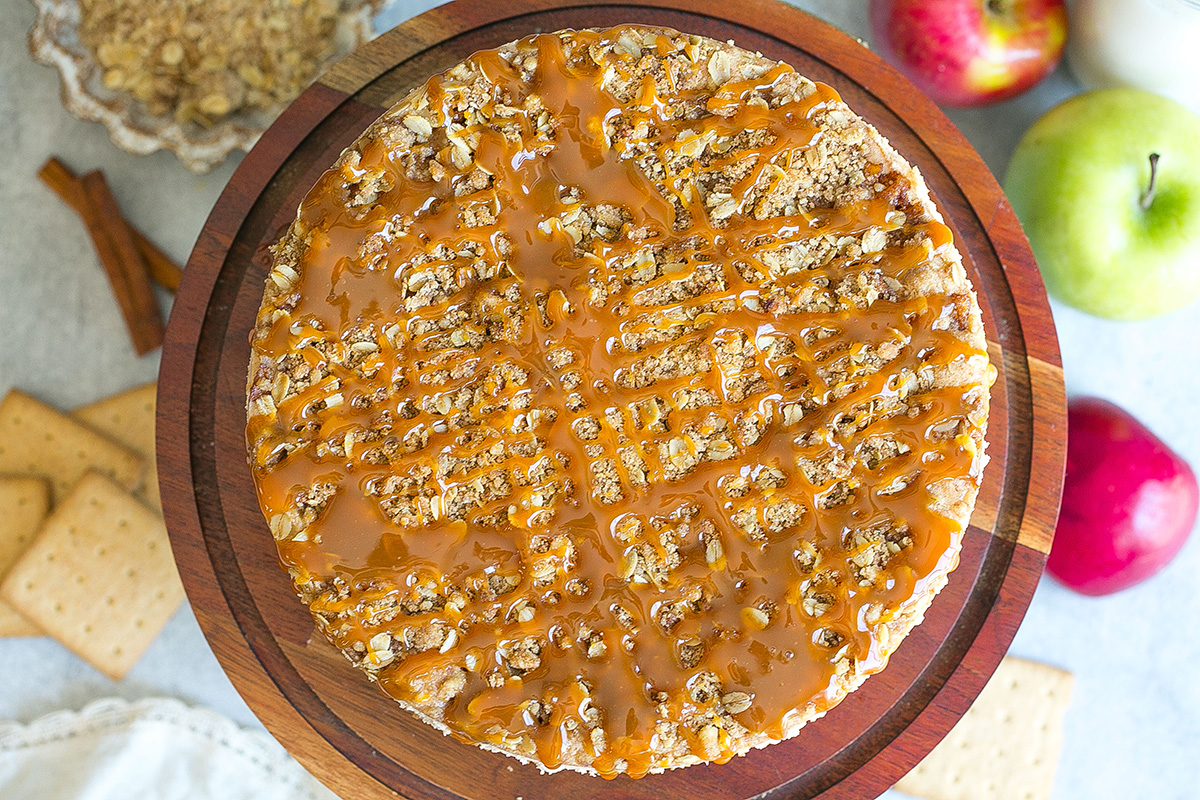 overhead shot of baked apple pie cheesecake